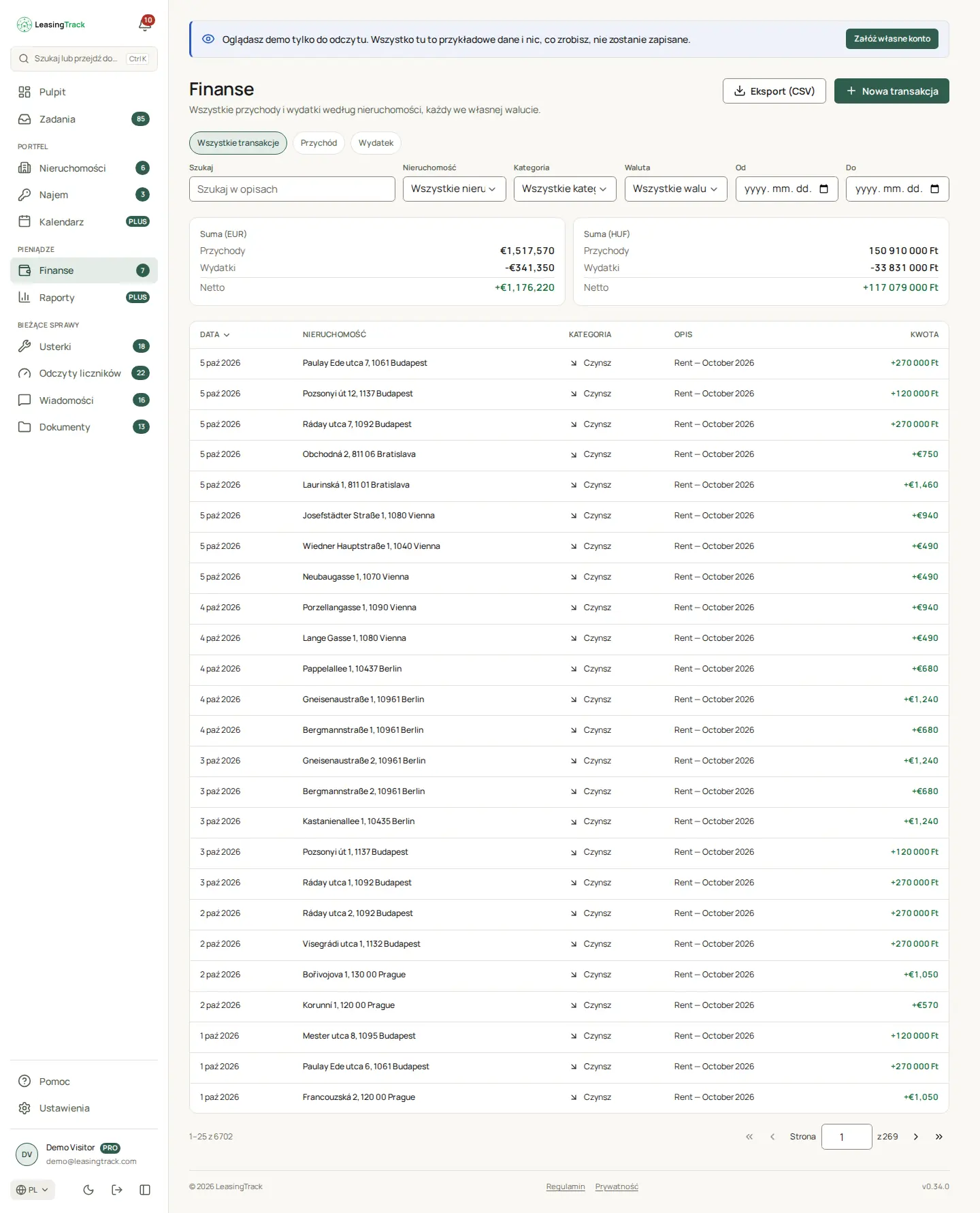 Zrzut ekranu LeasingTrack: Finanse