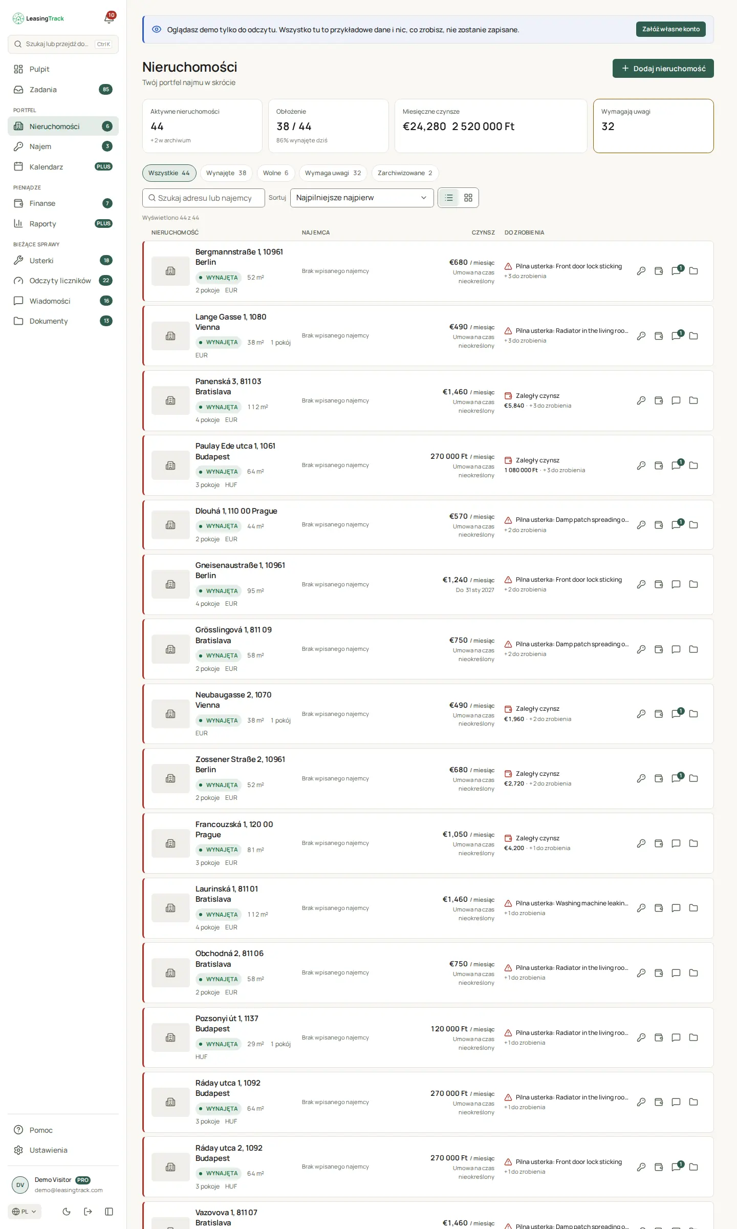 Zrzut ekranu LeasingTrack: Nieruchomości
