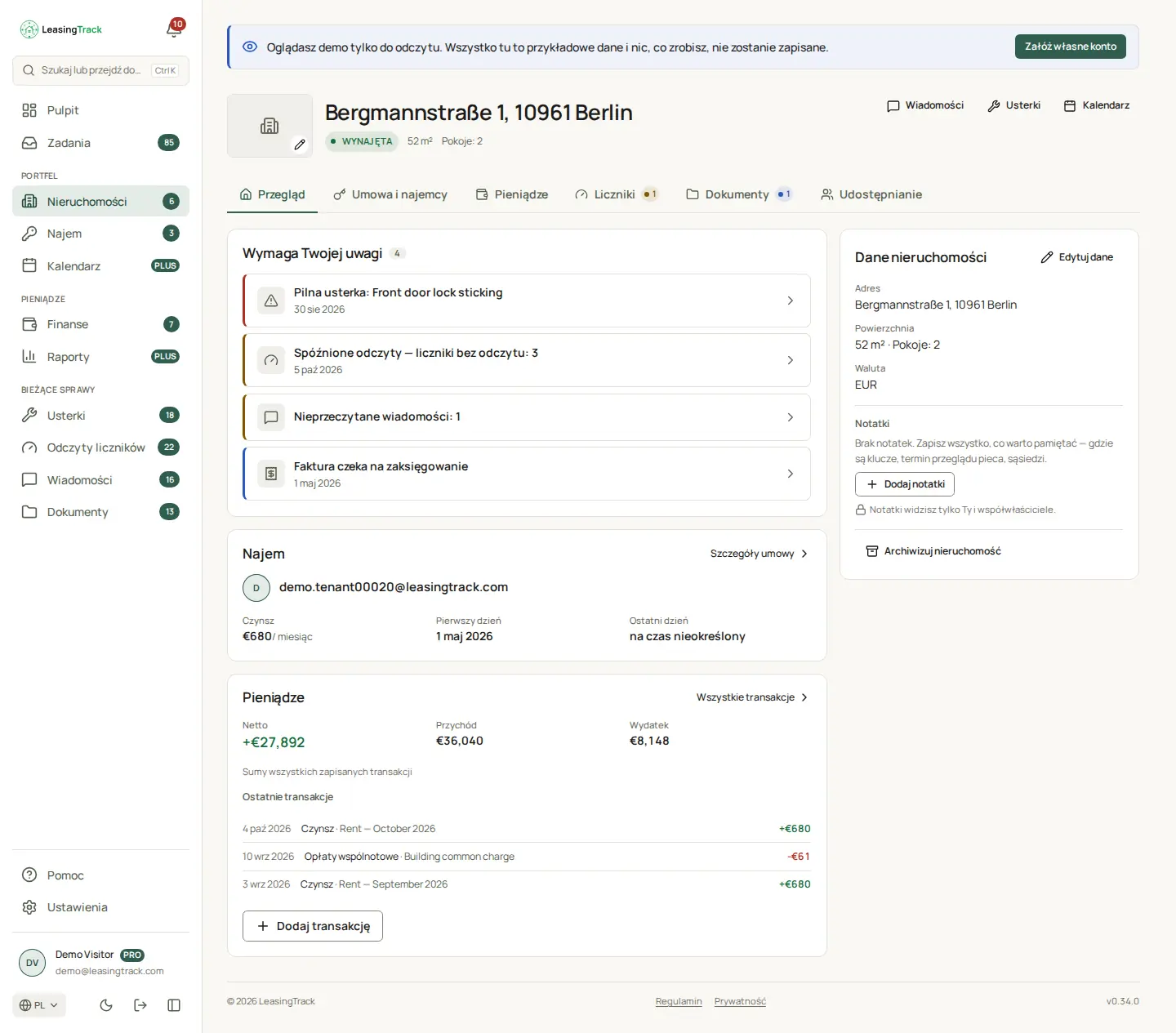 Zrzut ekranu LeasingTrack: Strona nieruchomości