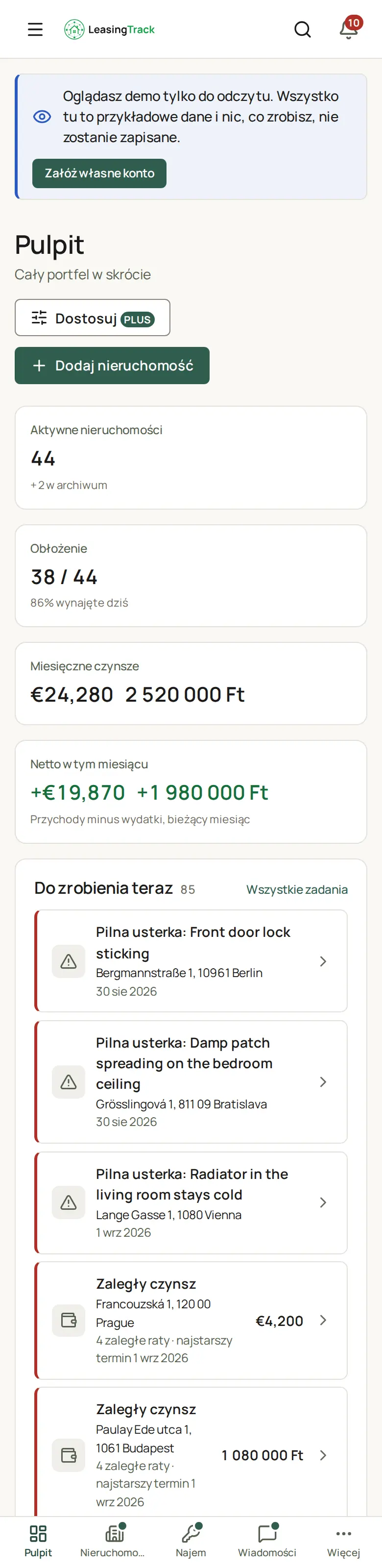 Zrzut ekranu LeasingTrack: Ekran główny najemcy