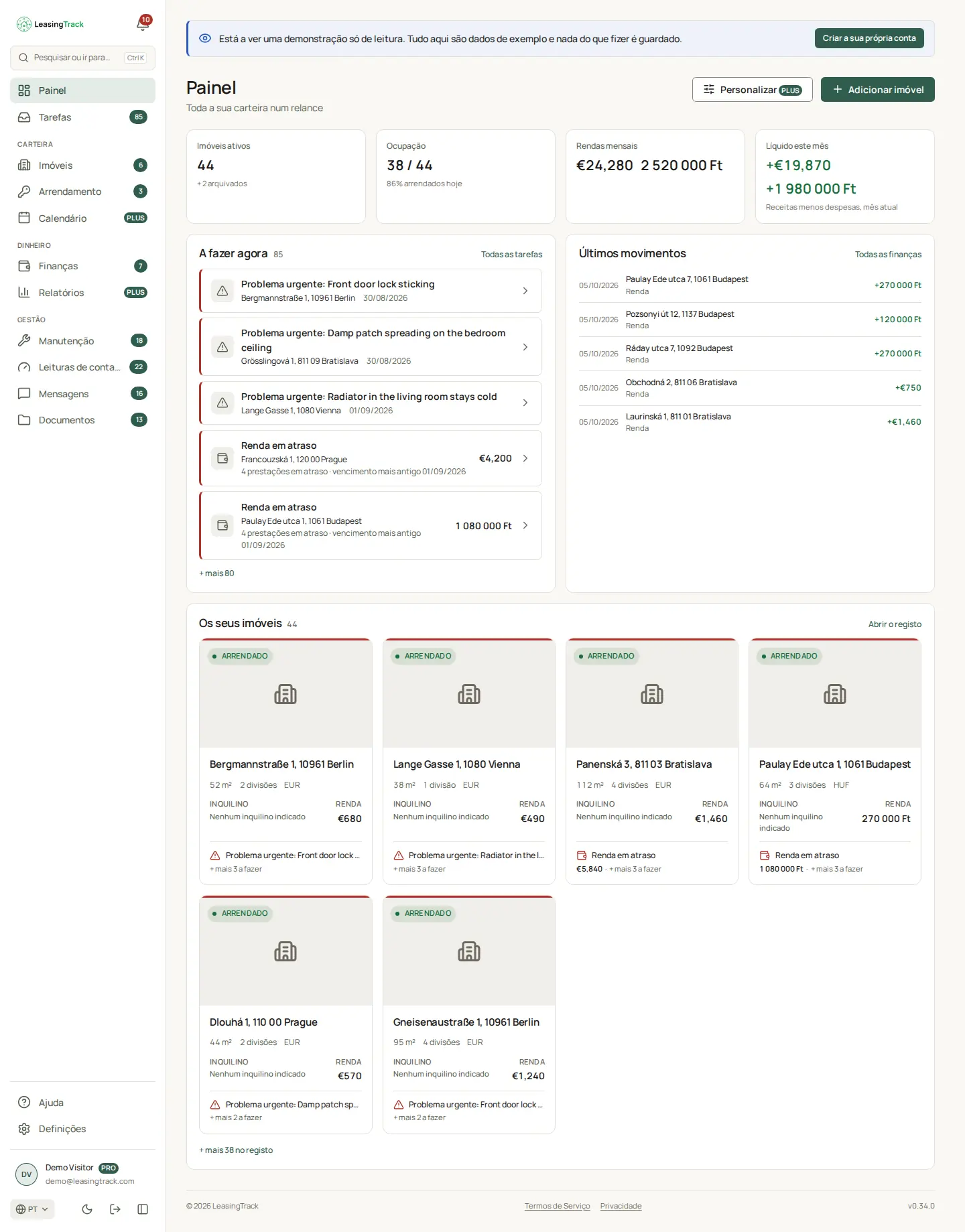 Captura do LeasingTrack: Painel