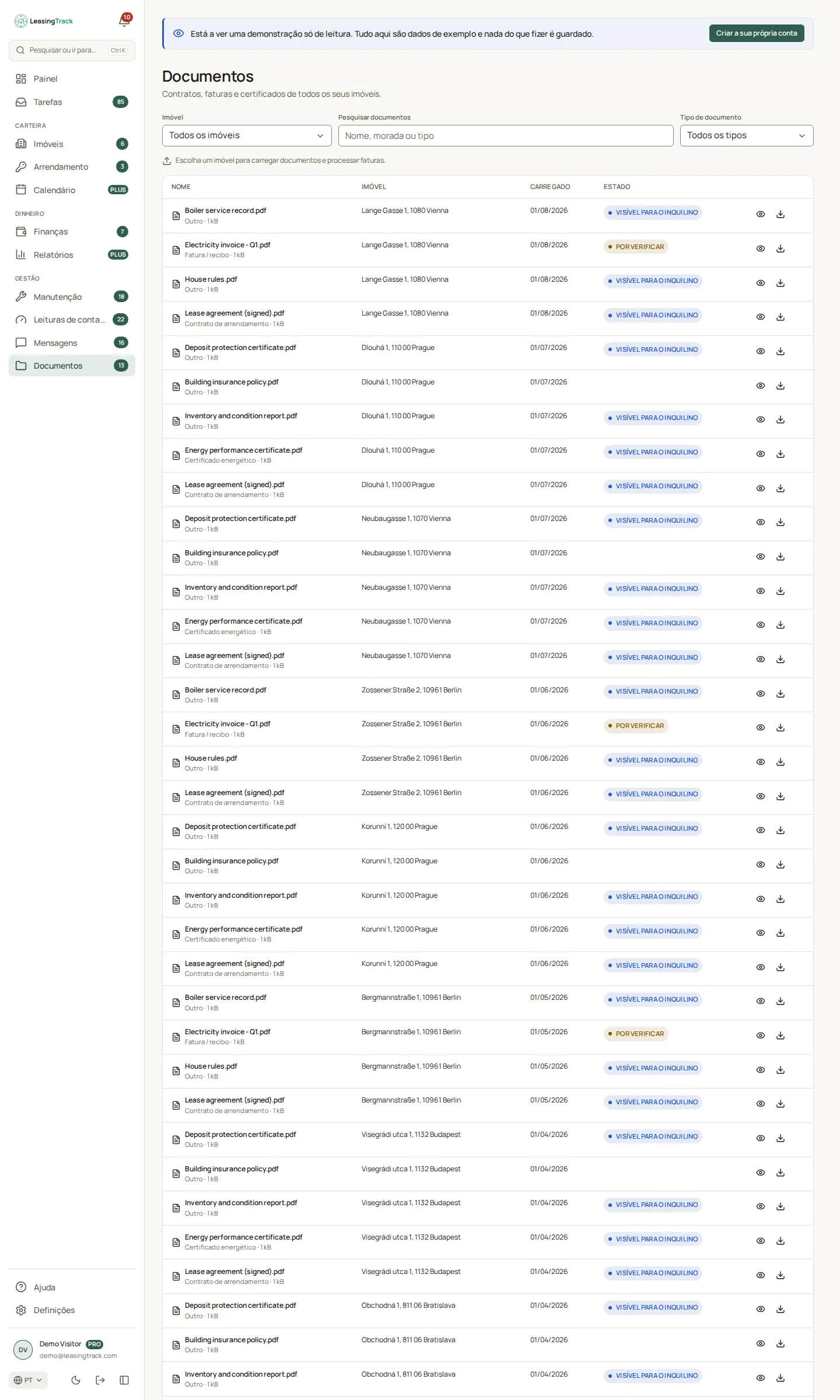 Captura do LeasingTrack: Documentos