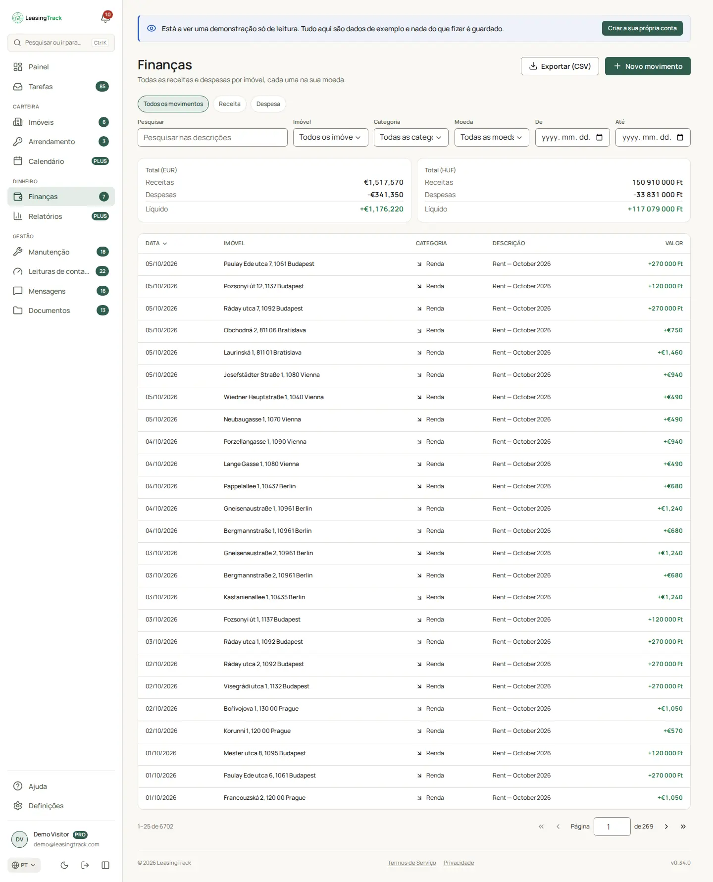 Captura do LeasingTrack: Finanças