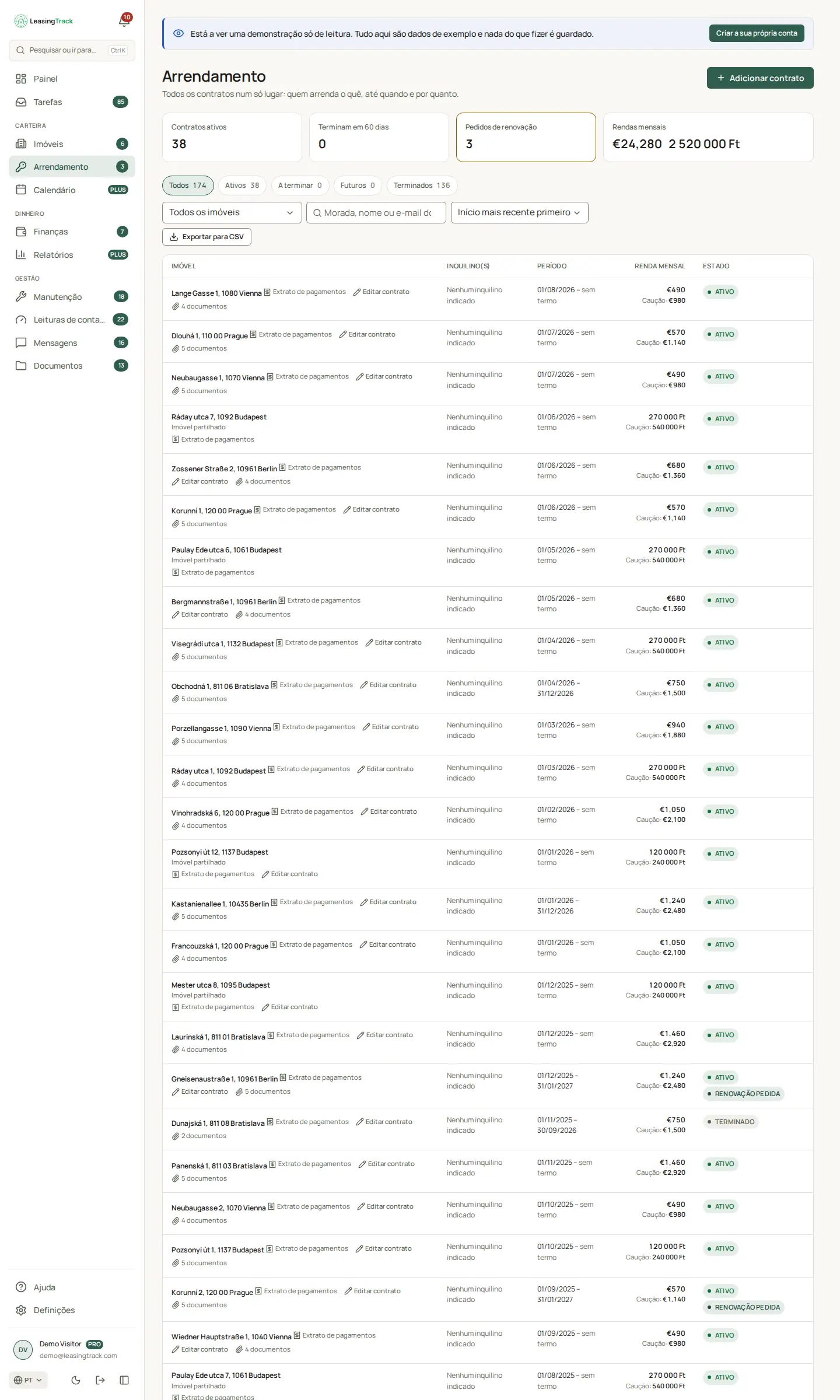 Captura do LeasingTrack: Arrendamento