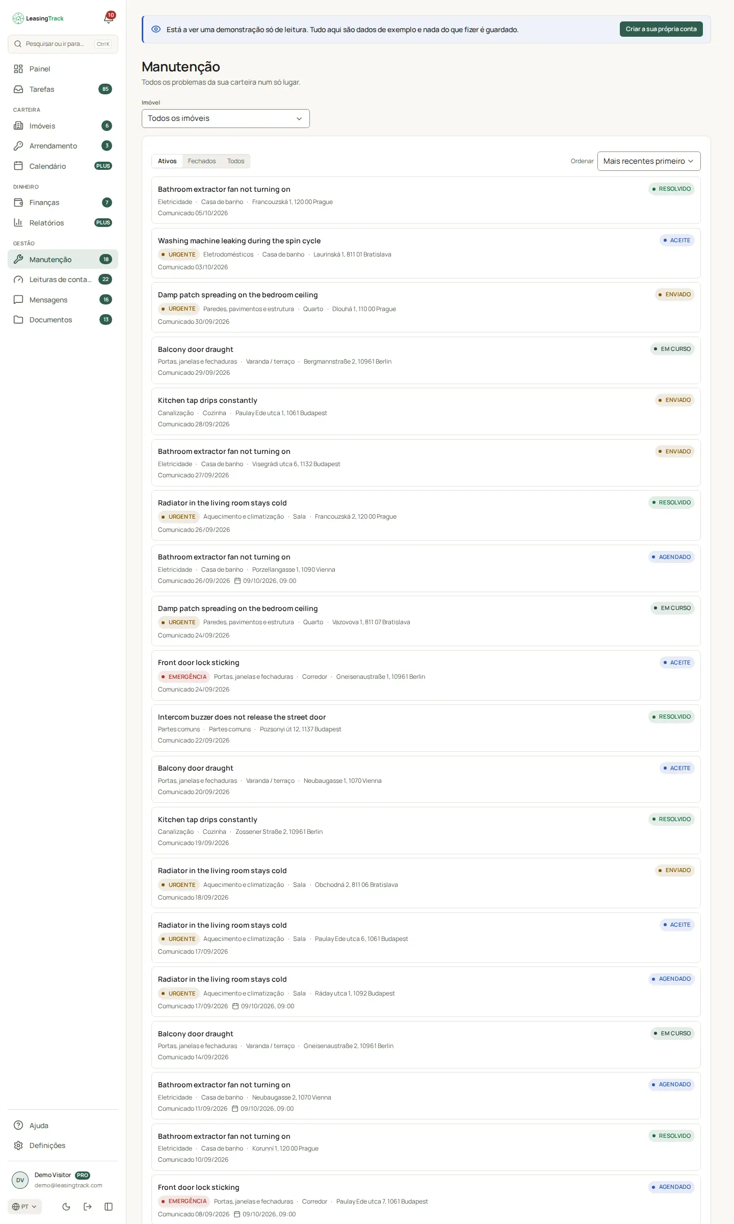 Captura do LeasingTrack: Manutenção