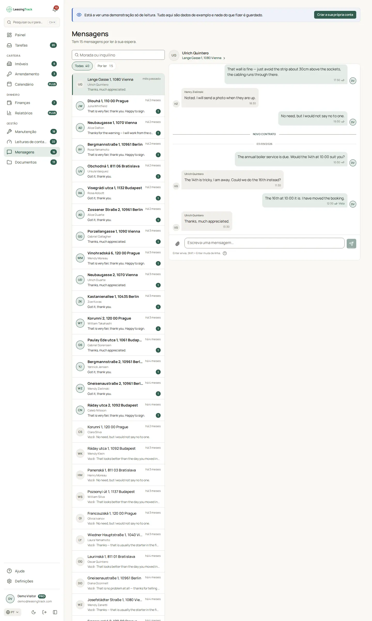 Captura do LeasingTrack: Mensagens