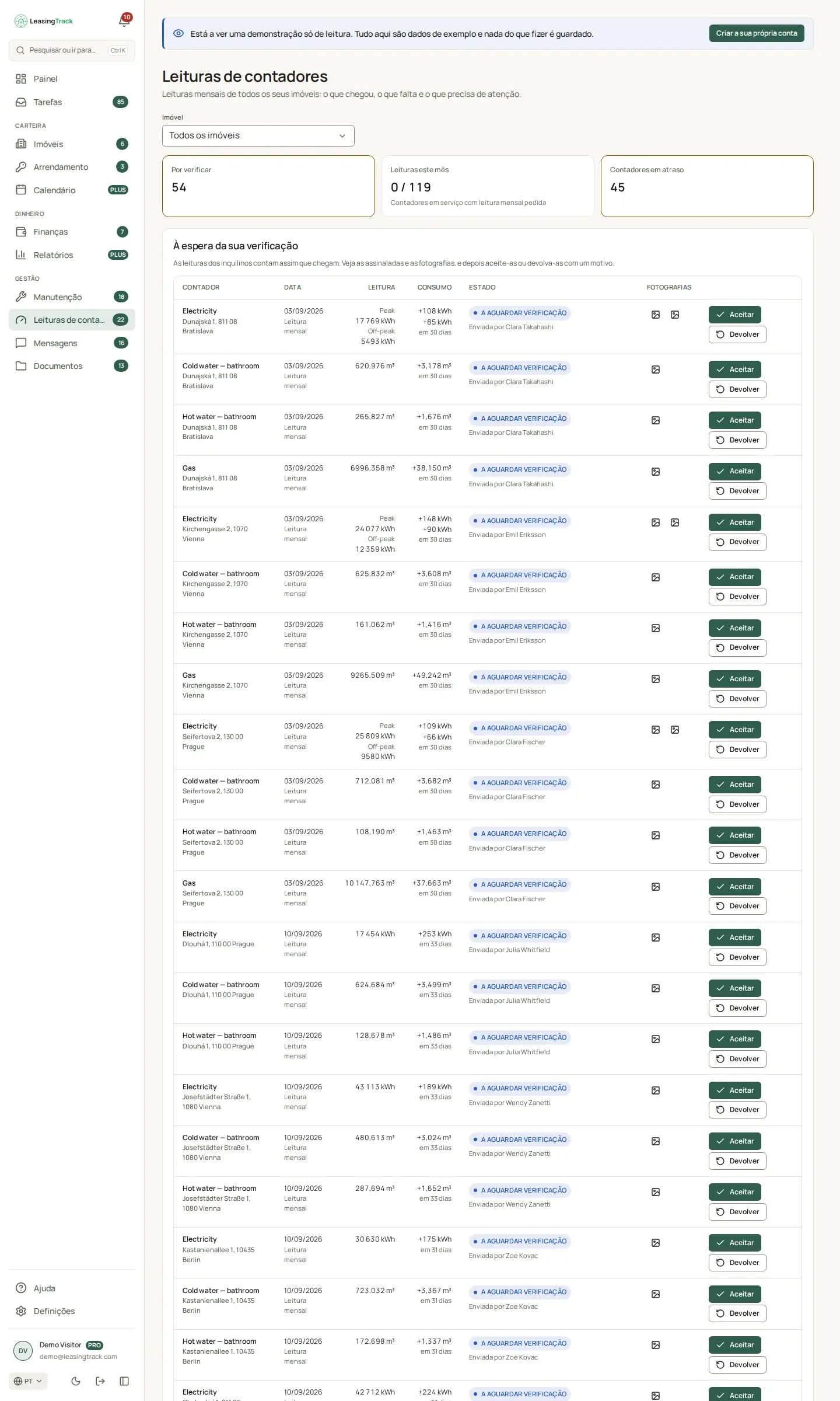 Captura do LeasingTrack: Leituras de contadores
