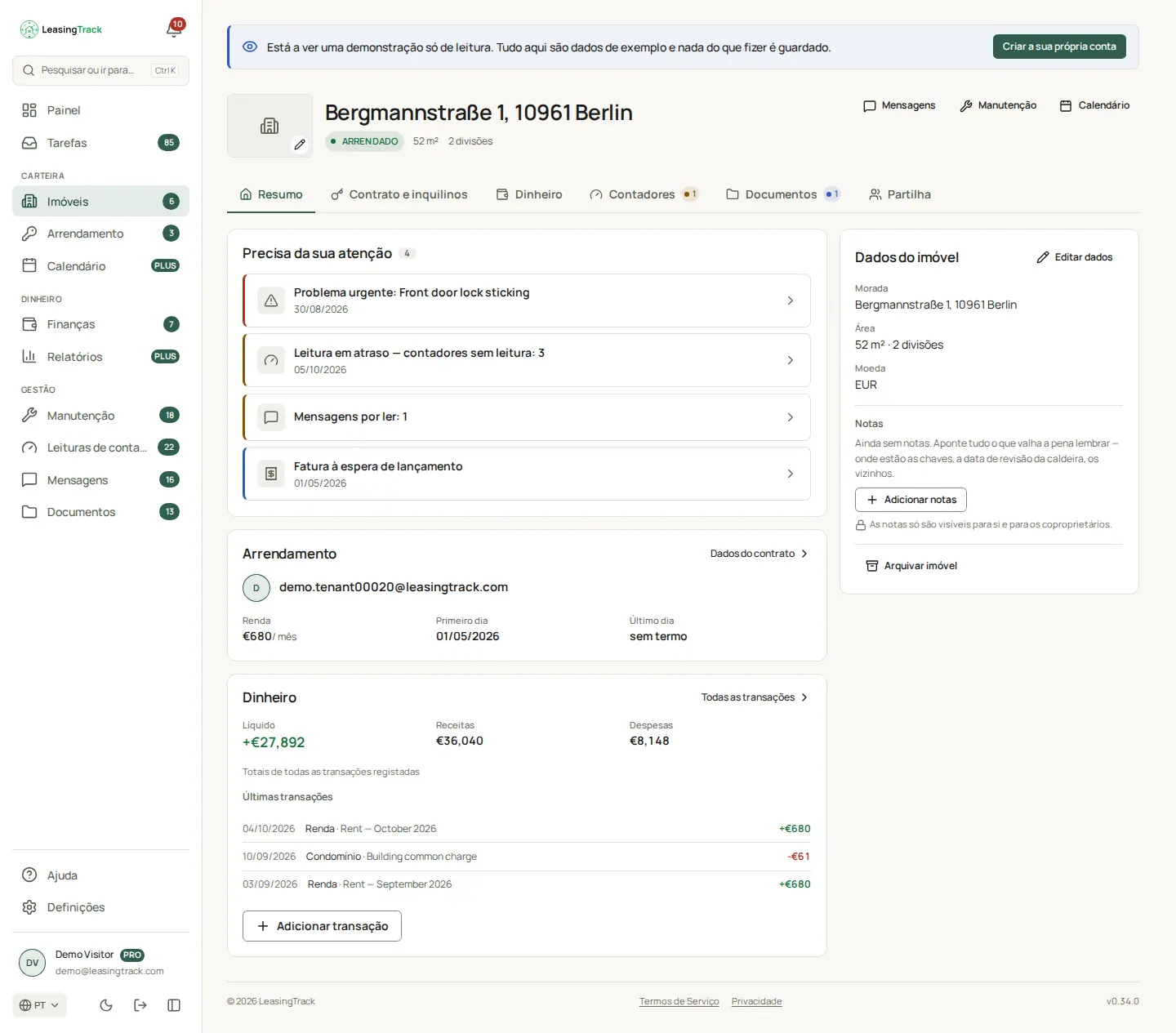 Captura do LeasingTrack: A página de um imóvel