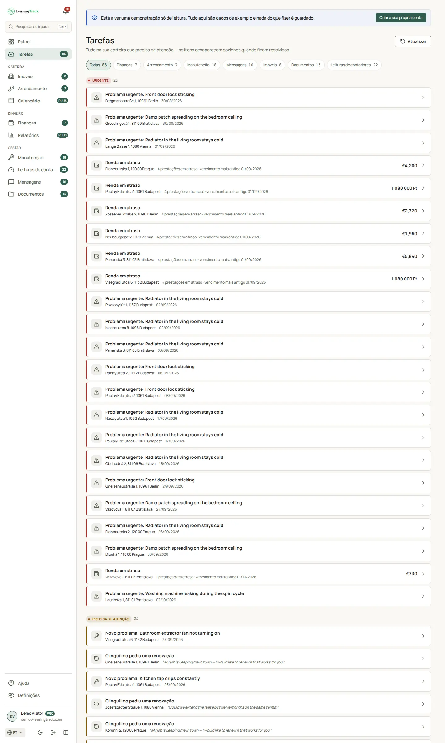 Captura do LeasingTrack: Tarefas