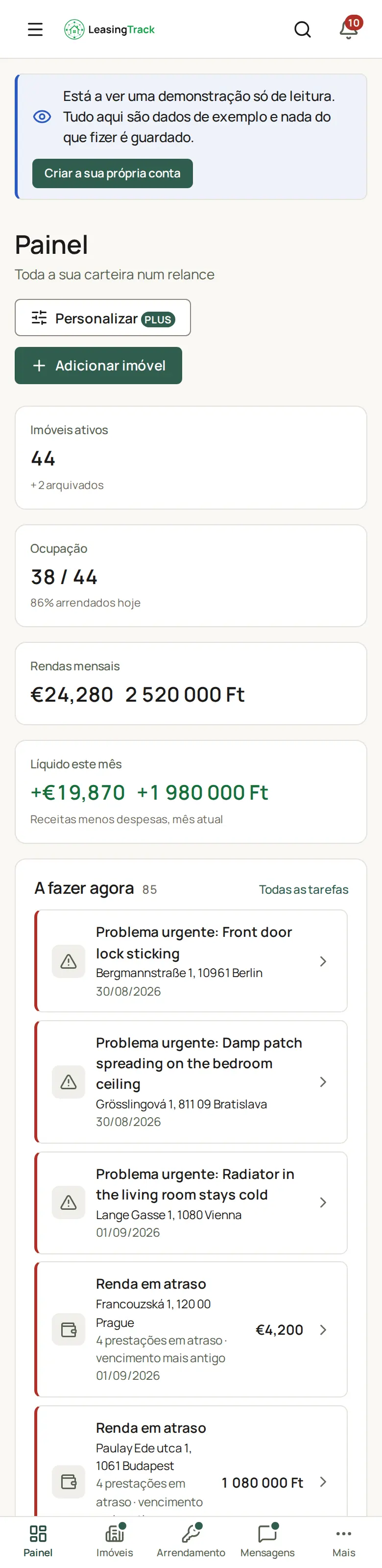 Captura do LeasingTrack: O ecrã inicial do inquilino