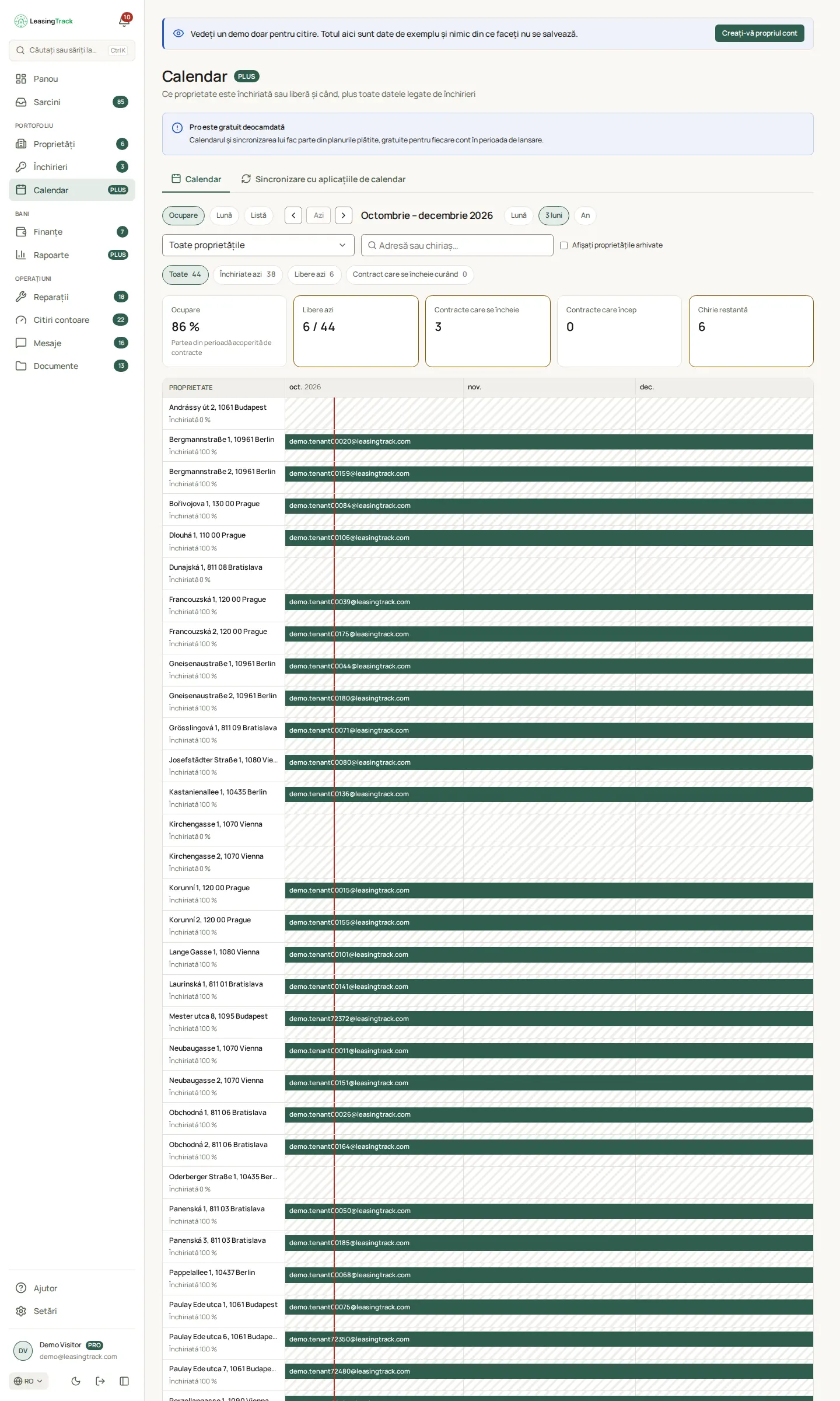 Captură LeasingTrack: Calendar de ocupare