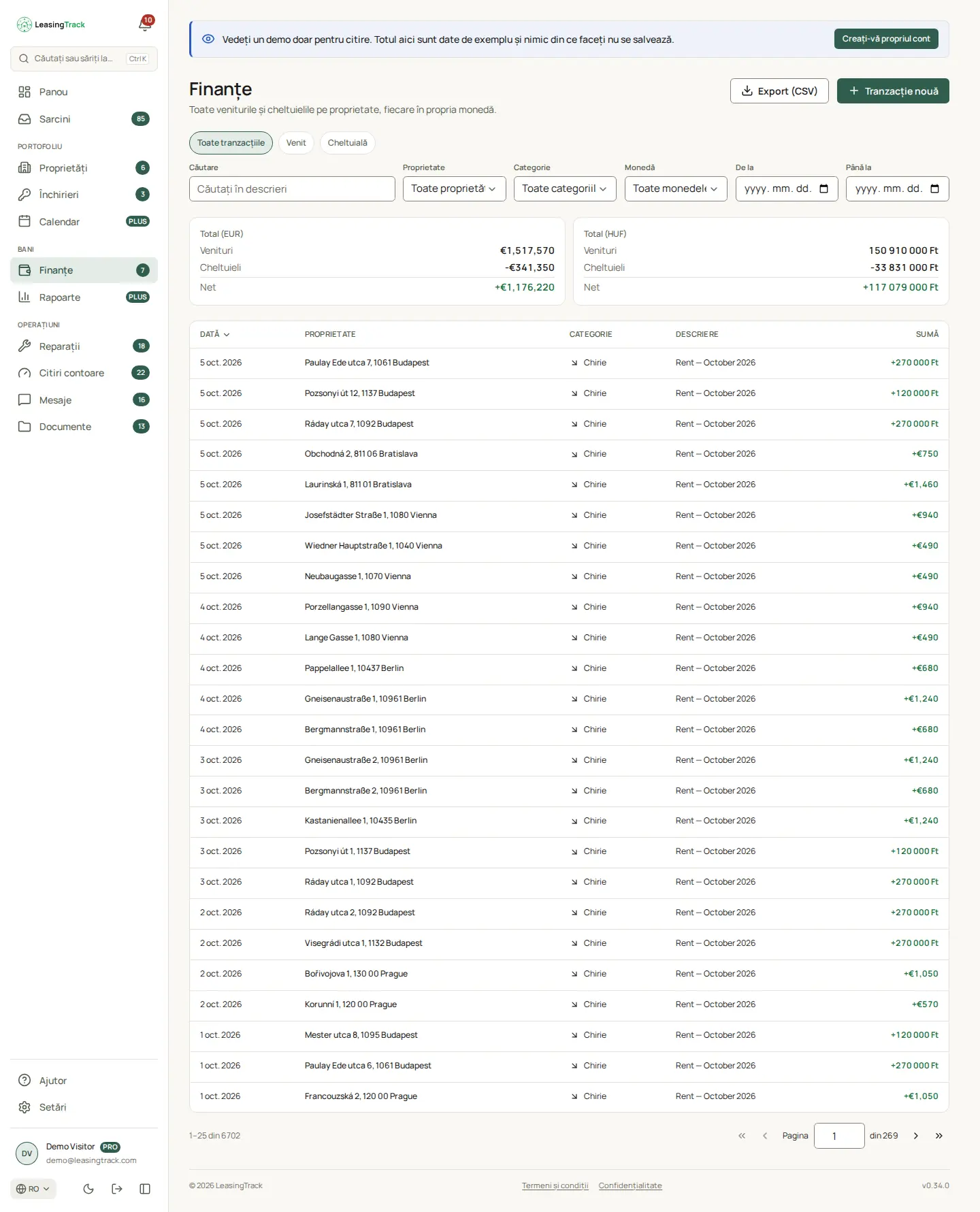 Captură LeasingTrack: Finanțe