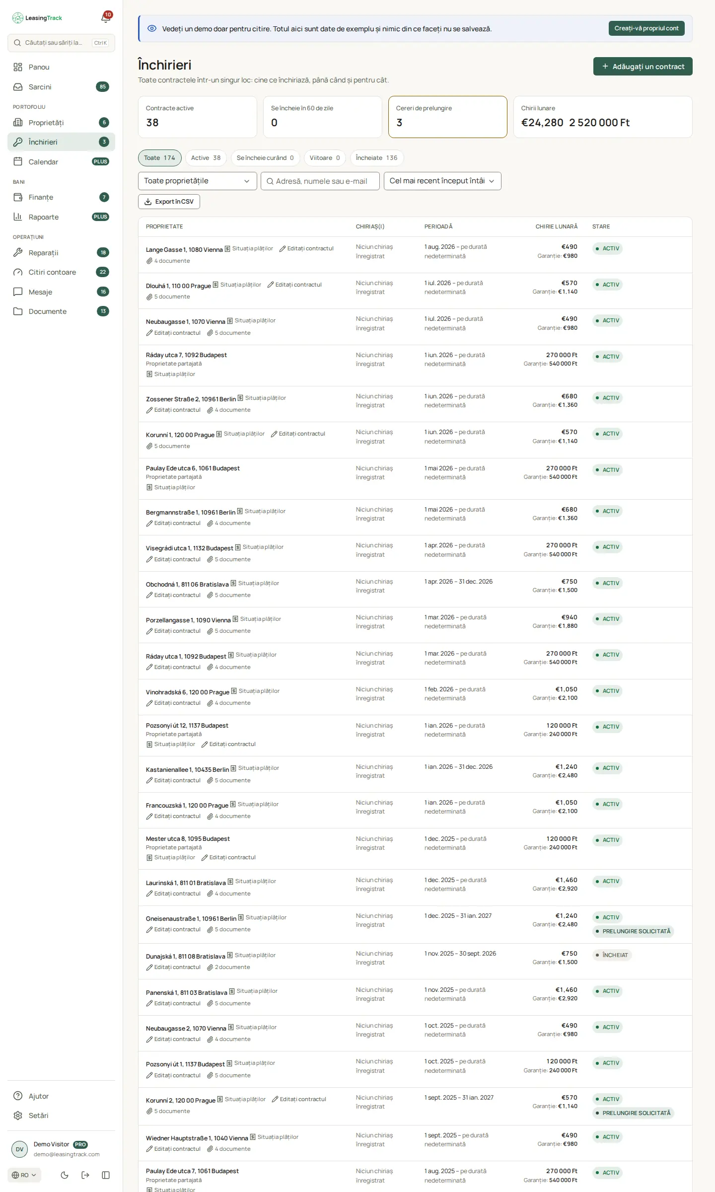 Captură LeasingTrack: Închirieri