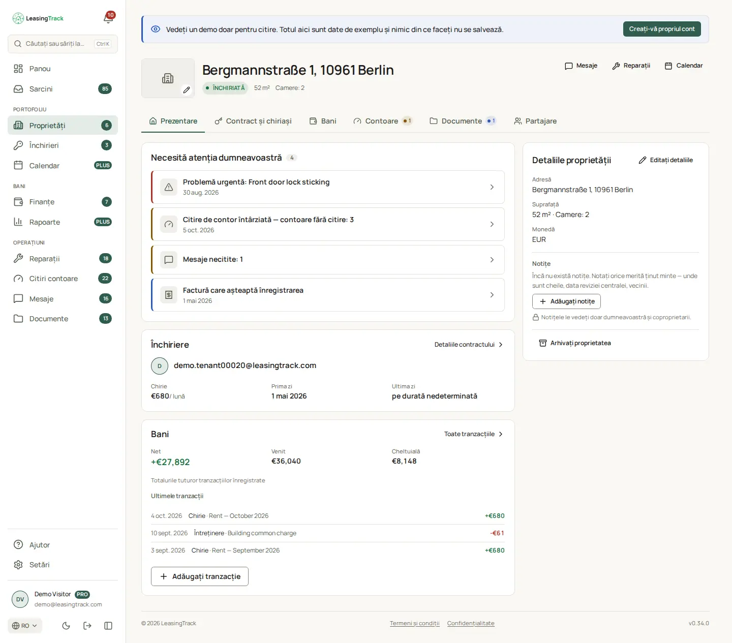 Captură LeasingTrack: Pagina unei proprietăți