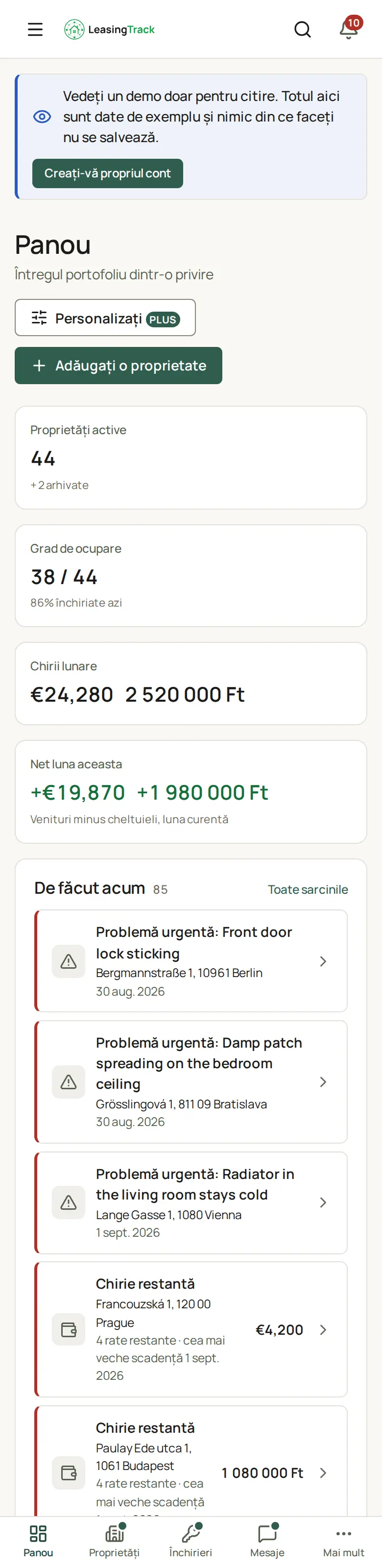 Captură LeasingTrack: Ecranul principal al chiriașului