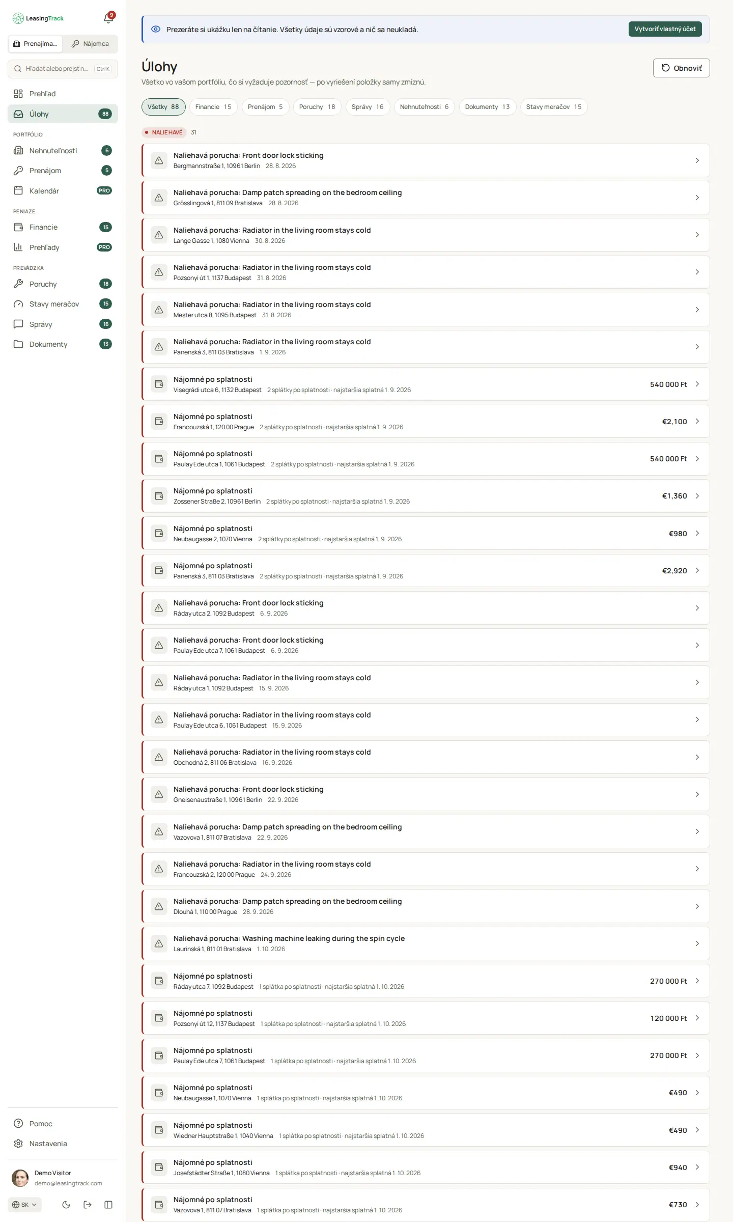 Snímka obrazovky LeasingTracku: Úlohy