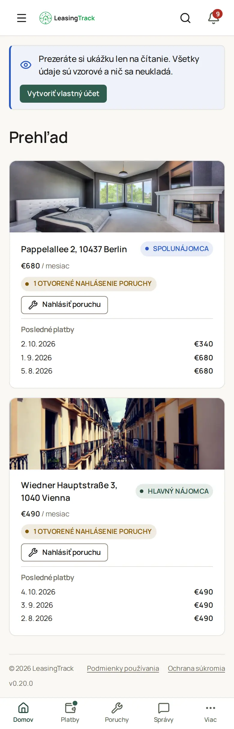 Snímka obrazovky LeasingTracku: Úvodná obrazovka nájomcu