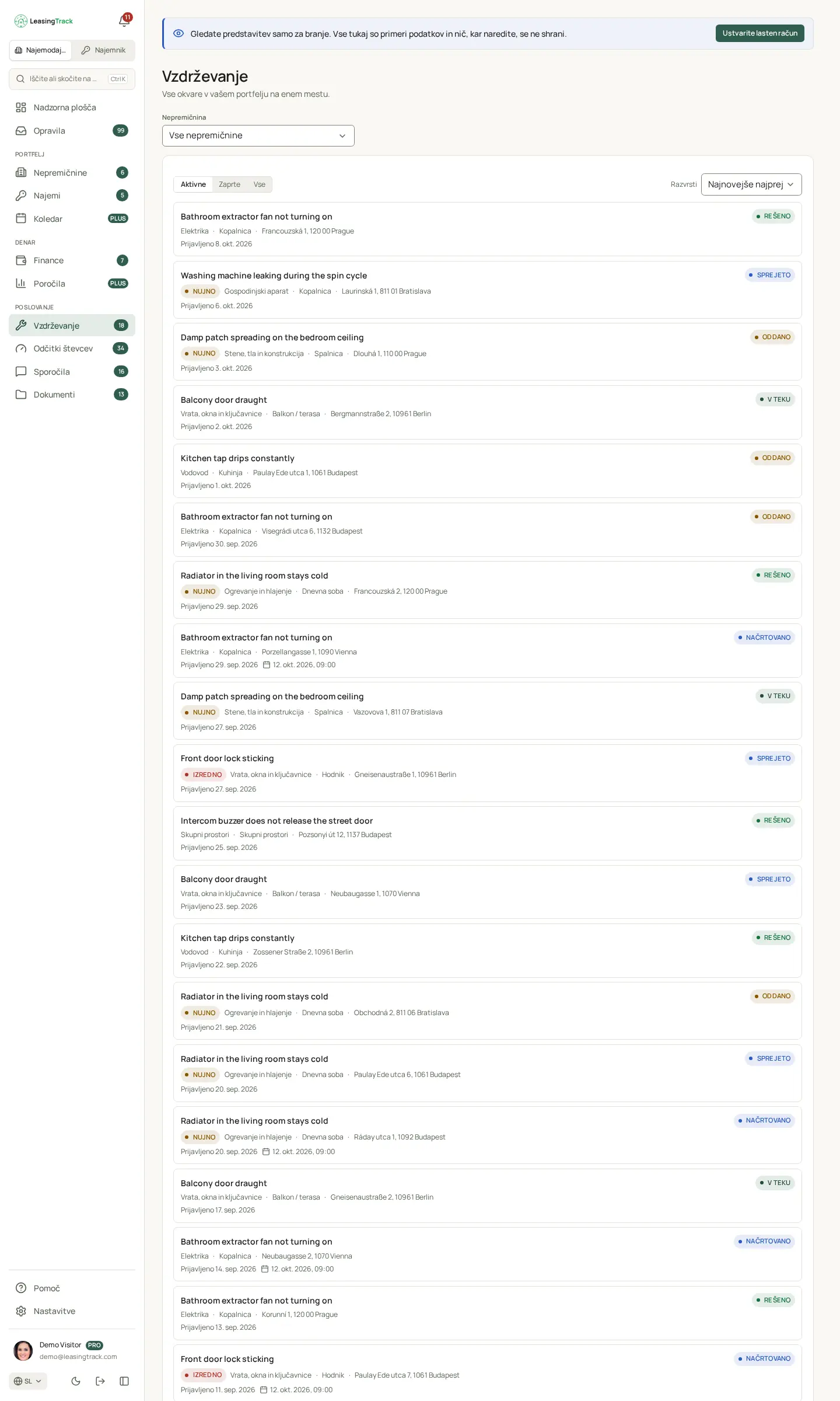Posnetek zaslona LeasingTrack: Vzdrževanje