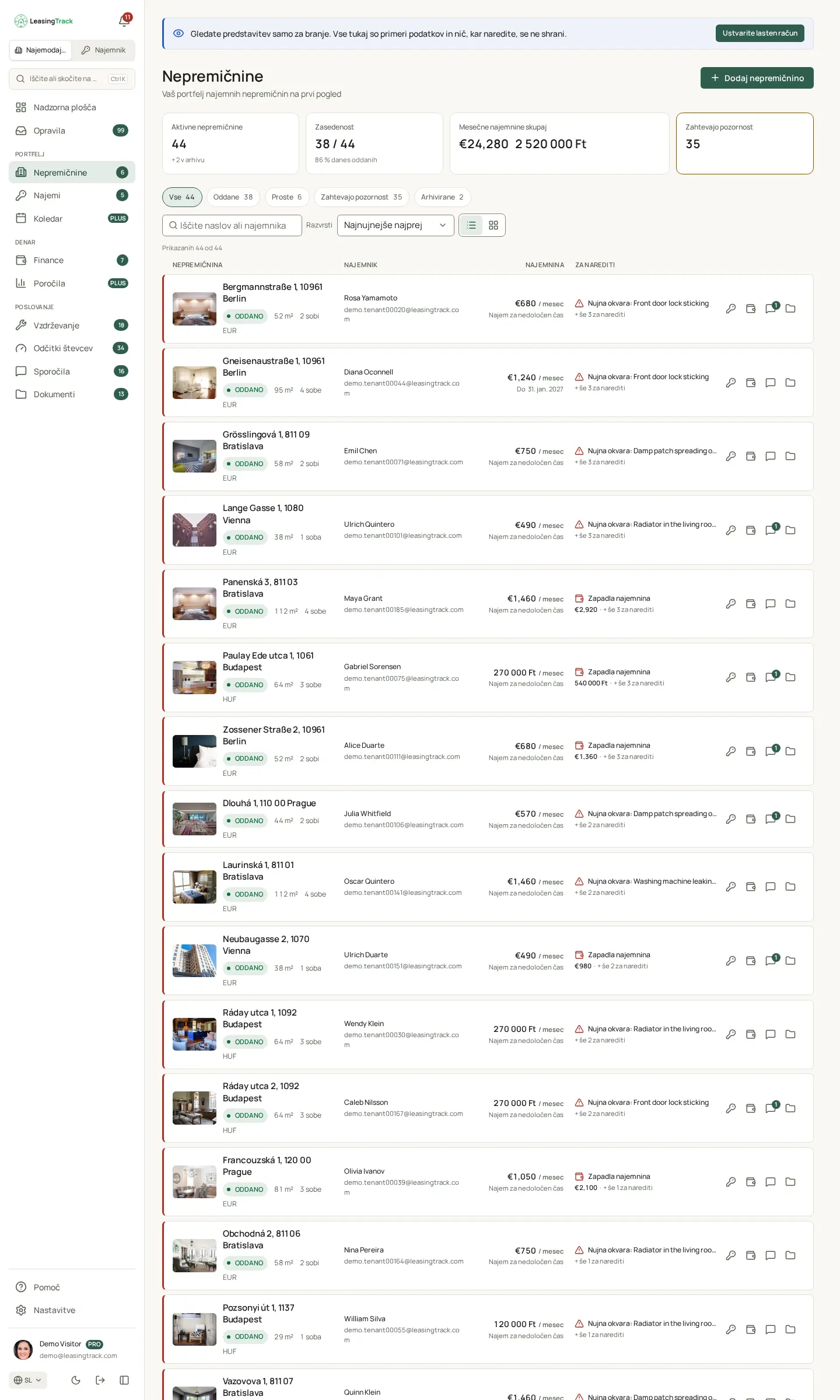 Posnetek zaslona LeasingTrack: Nepremičnine