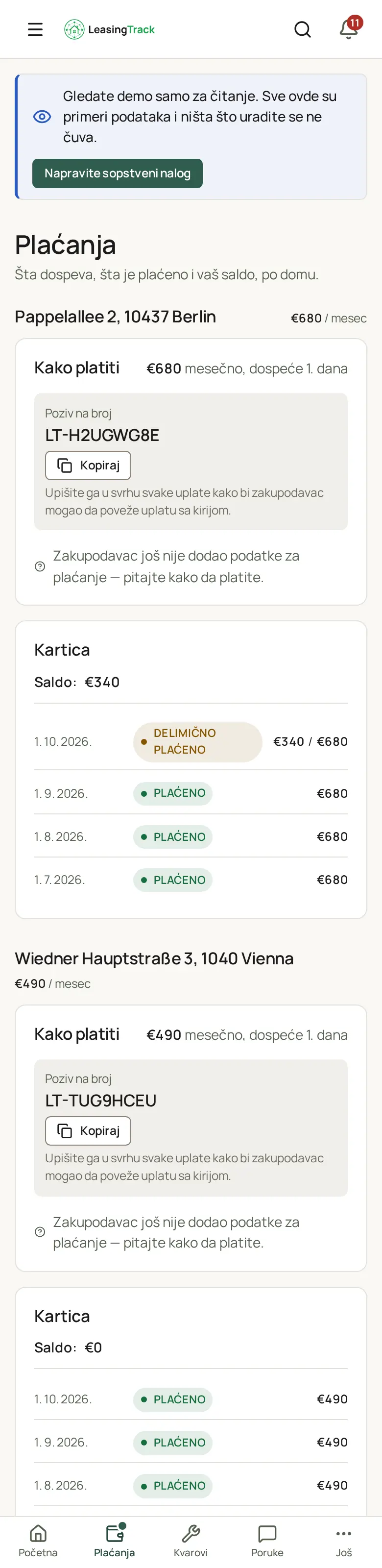 Snimak ekrana LeasingTracka: Plaćanja zakupca