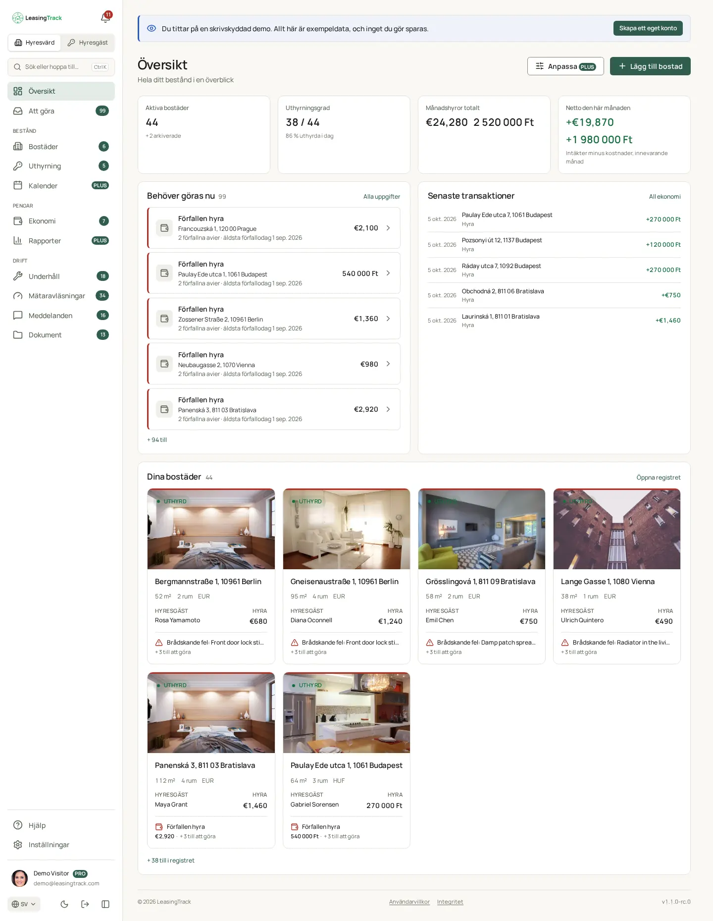 Skärmbild av LeasingTrack: Översikt