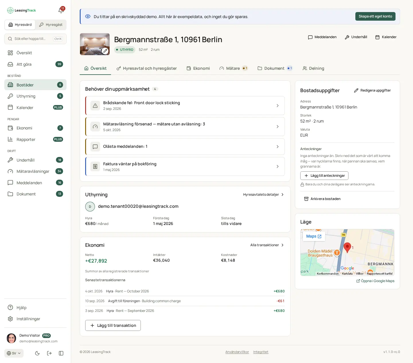 Skärmbild av LeasingTrack: En bostads sida