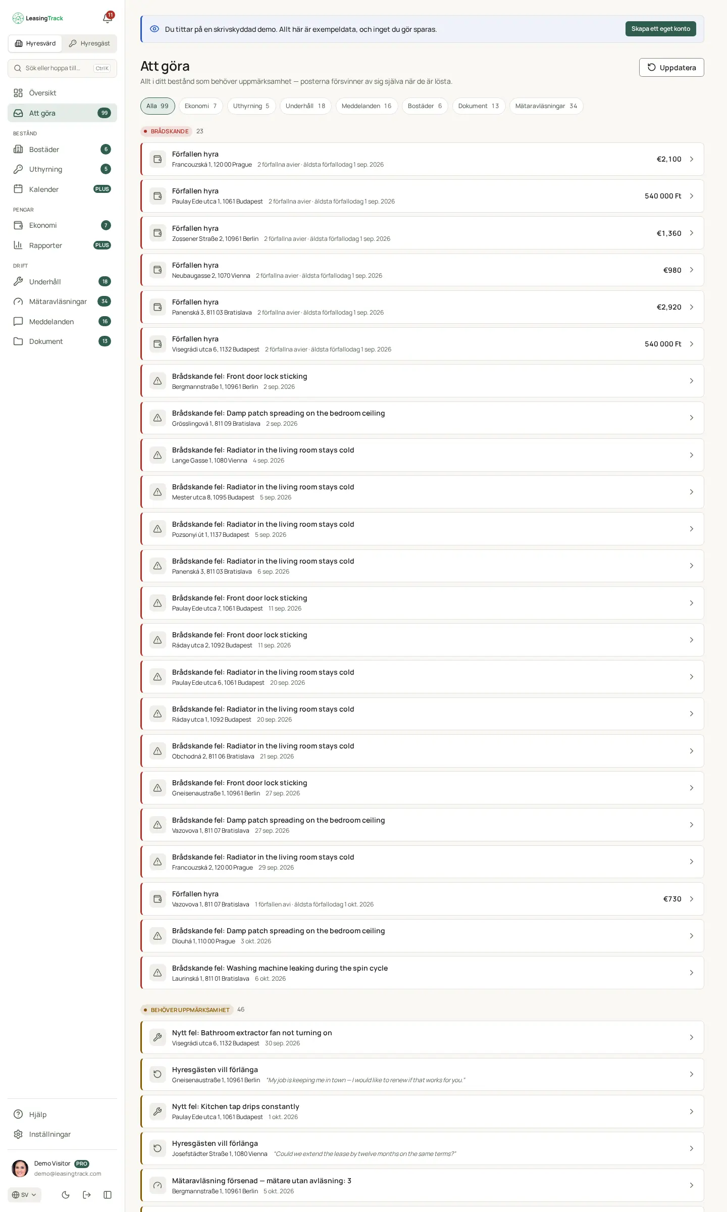 Skärmbild av LeasingTrack: Att göra