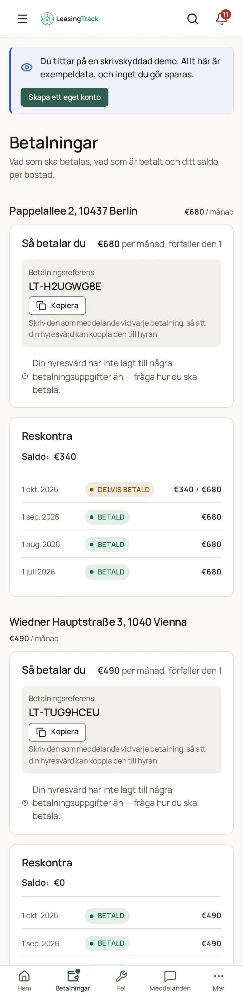 Skärmbild av LeasingTrack: Hyresgästens betalningar